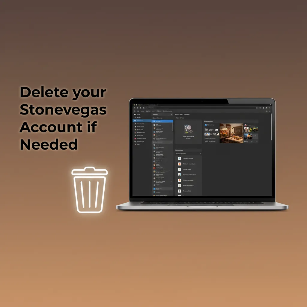 Infographic on closing a Stonevegas account: sign in, choose time-out/self-exclusion/permanent, verify identity, await email.